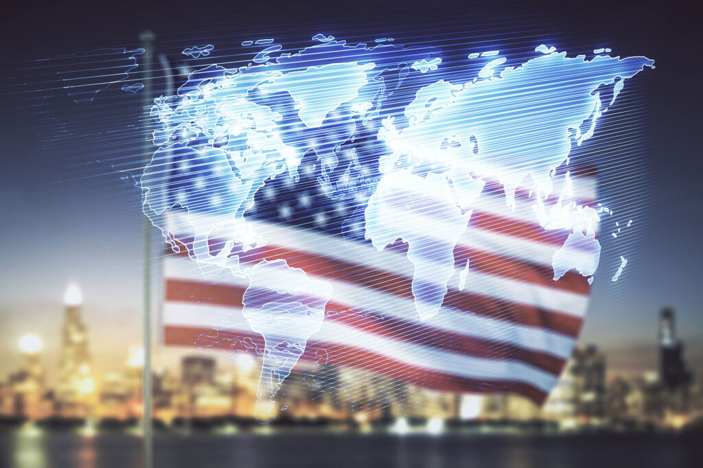 multi-exposure-abstract-creative-digital-world-map-hologram-usa-flag-blurry-cityscape-background-tourism-traveling-concept